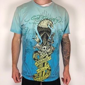 Y2K Ed Hardy liquid blue AOP Eagle t-shirt front and back graphic extra large